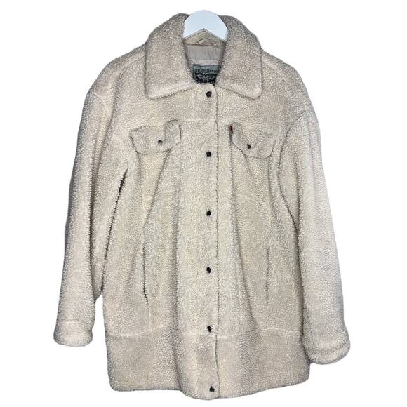 Levi's Sherpa Cream Teddy Medium Length Coat Jacket Super Warm Cozy Size Large - Picture 3 of 11